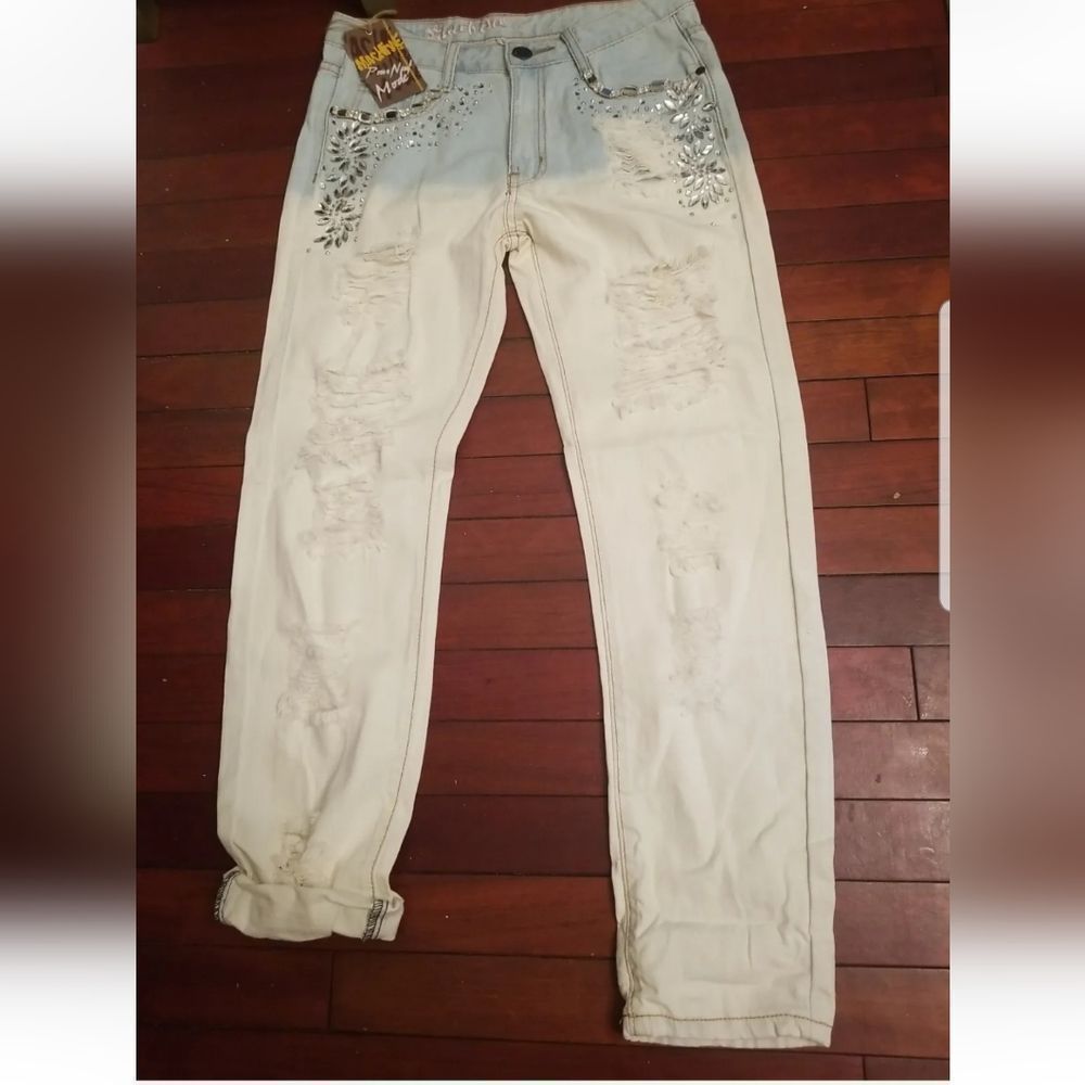 Machine Nouvelle Mode Bleach Dipped Rhinestone Skinny Ankle Jeans NWT Juniors
